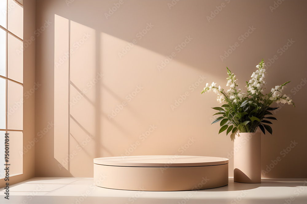 Fototapeta premium Podiums of brown shades circles for presentation under the shadow of flowers in a vase on a light pastel background. Playground AI platform