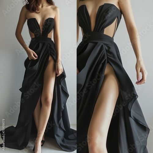 Elegant Black Maxi Dress, woman showcases a stylish black strapless maxi dress, its fabric flowing gracefully, embodying elegance and simplicity