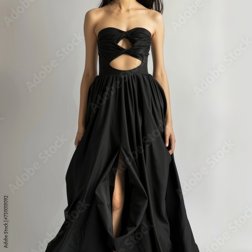 Chic Fashion Statement, front view of a woman showcasing a black strapless dress with a cut-out design, perfect for editorial fashion features or sophisticated branding photo