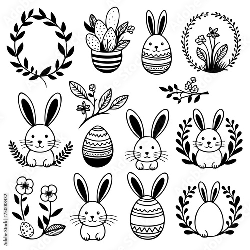 A set black and white Easter bunny illustrations