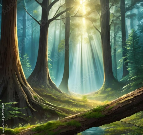 神秘的な森の奥から光が差している光景、スクエア・光量多めVer photo