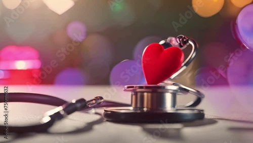 Stethoscope and red heart on wooden  table isolated with sunlight blurry background and copy space area. Suitable for World Health Day Videos etc. photo