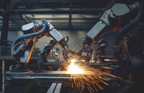 Robotic Welding. Robots welding in workshop of industrial plant. Robotic Welding Systems and Arc Machines. Automated arc welding on factory. CNC machining, Robotic milling and cutting tools photo