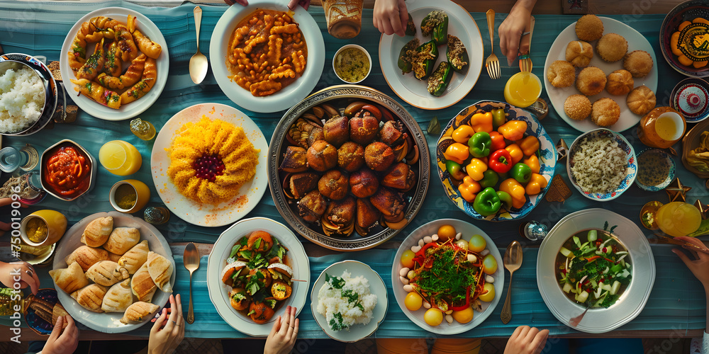 Top View of Iftar Food Spread Featuring Various Dishes, with Selective Focus on White Bowl of Dried Dates Top View of Iftar Food Spread Featuring Various Dishes, with Selective Focus on White Bowl of Dried Dates