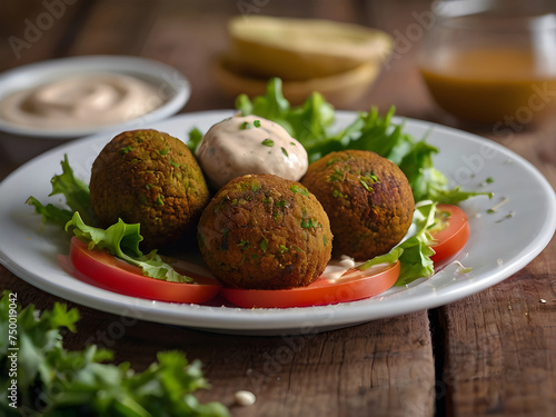 Falafel balls and fresh vegetables, on the plate, wooden background.