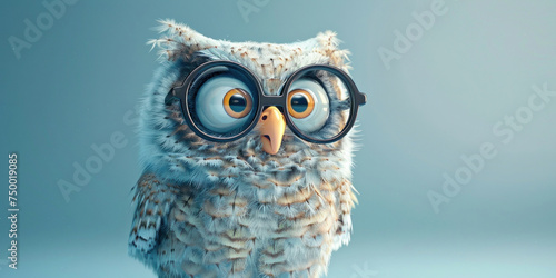 Clever owl wearing glasses with smart owl text on blue background, symbol of intelligence and wisdom photo