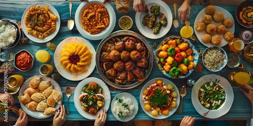 Top View of Iftar Food Spread Featuring Various Dishes, with Selective Focus on White Bowl of Dried Dates