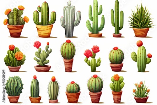 Cactus with pots sticker and cartoon clipart set illustration isolated on a white background