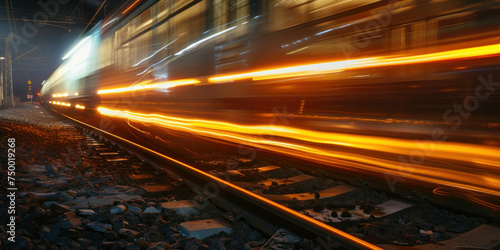 Nighttime journey Train with glowing lights making its way down the tracks through the dark