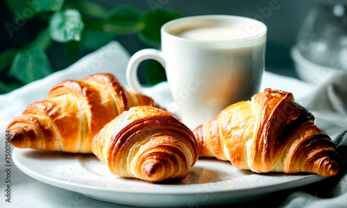 croissants and a glass of milk on the table. Selective focus.