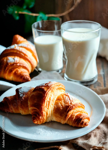croissants and a glass of milk on the table. Selective focus.