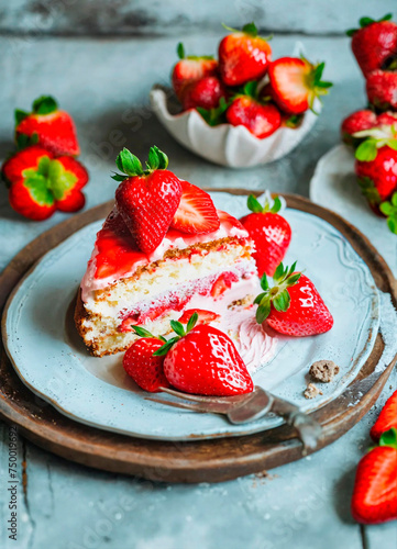 homemade strawberry cake on a plate. Selective focus.