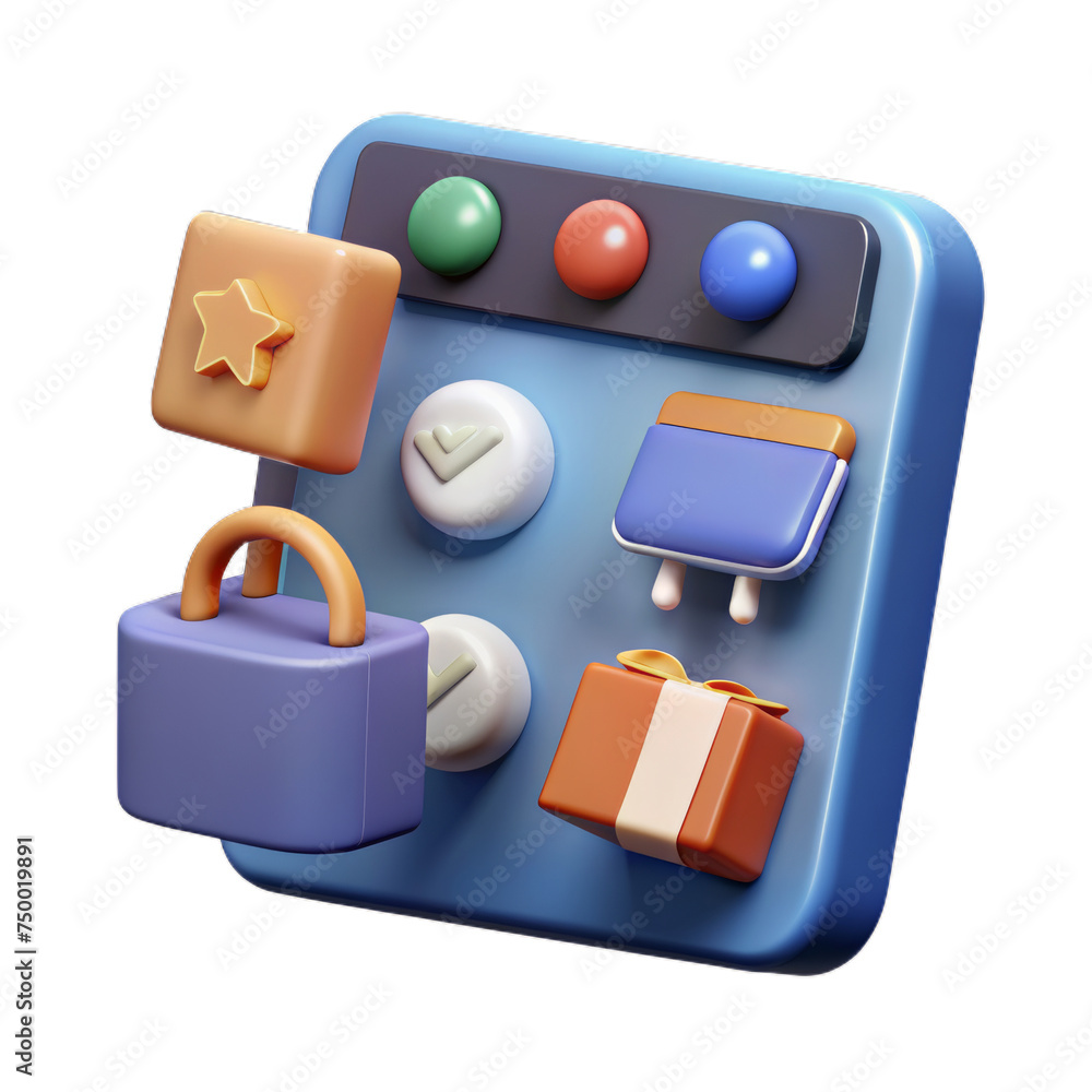 Online shopping concept in minimal 3D illustration, shop purchase basket retail store on ecommerce Online shopping concept in minimal 3D illustration, shop purchase basket retail store on ecommerce