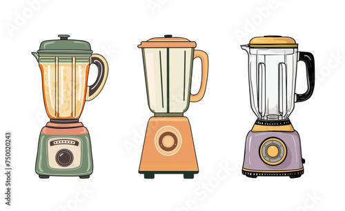 Cartoon kitchen blender appliance utensil. Electric Shaker machine, Food processor, juicer, Smoothie maker Vector illustration on transparent background. Vintage clip art. Retro kitchen equipment.