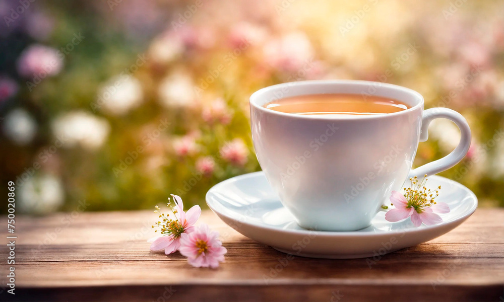 cup of tea and flowers in the garden. Selective focus. cup of tea and flowers in the garden. Selective focus.