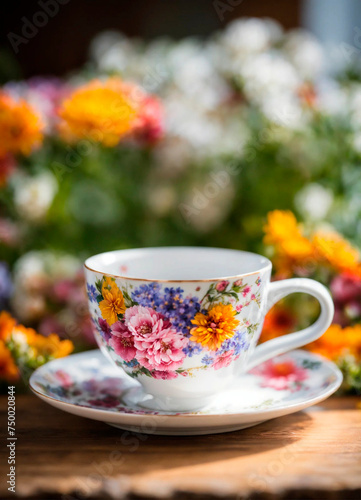 cup of tea and flowers in the garden. Selective focus.