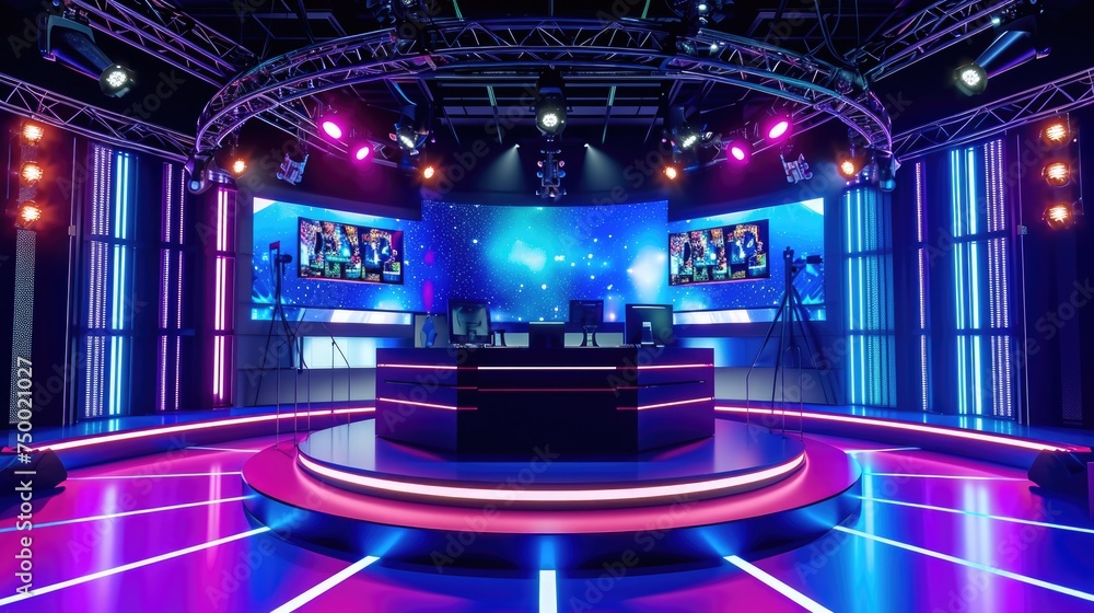 A modern tv hosting or game show studio set glowing with neon lights and futuristic design, ready for the next live broadcast.. - obrazy, fototapety, plakaty 