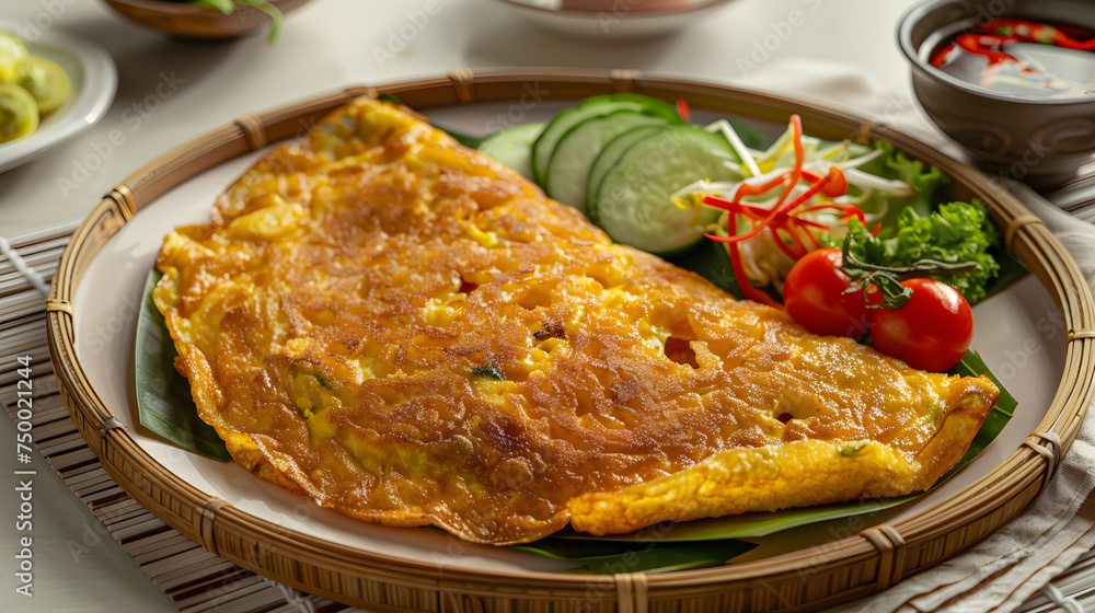 Southeast asian style omelette on woven tray Southeast asian style omelette on woven tray