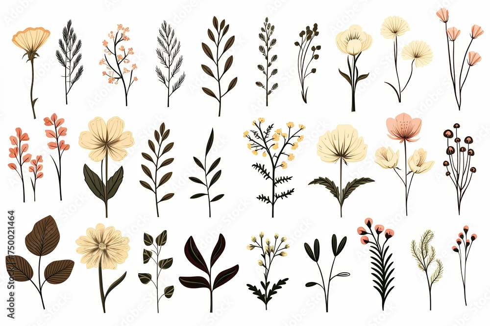 Set of tiny wild flowers boho and botanical plants line art illustrations set - obrazy, fototapety, plakaty 
