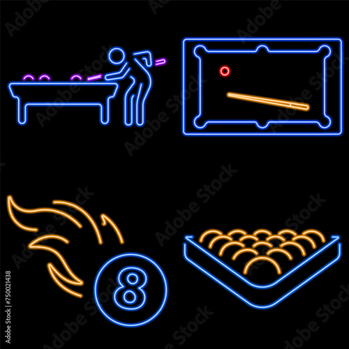 billiards group of neon icons, vector illustration on black background.