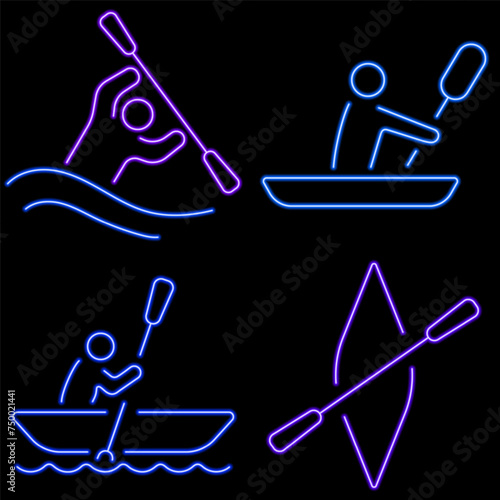 canoe group of neon icons, vector illustration on black background.