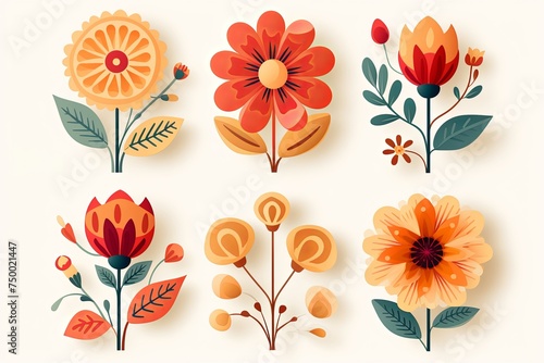 Set of colorful tiny wild flowers boho and botanical plants line art illustrations set