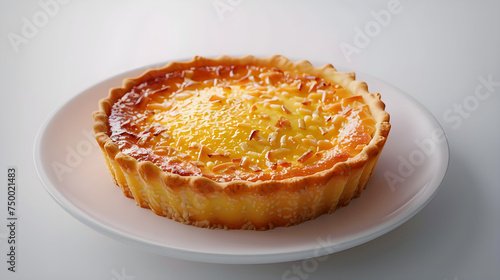 Freshly baked quiche on white plate