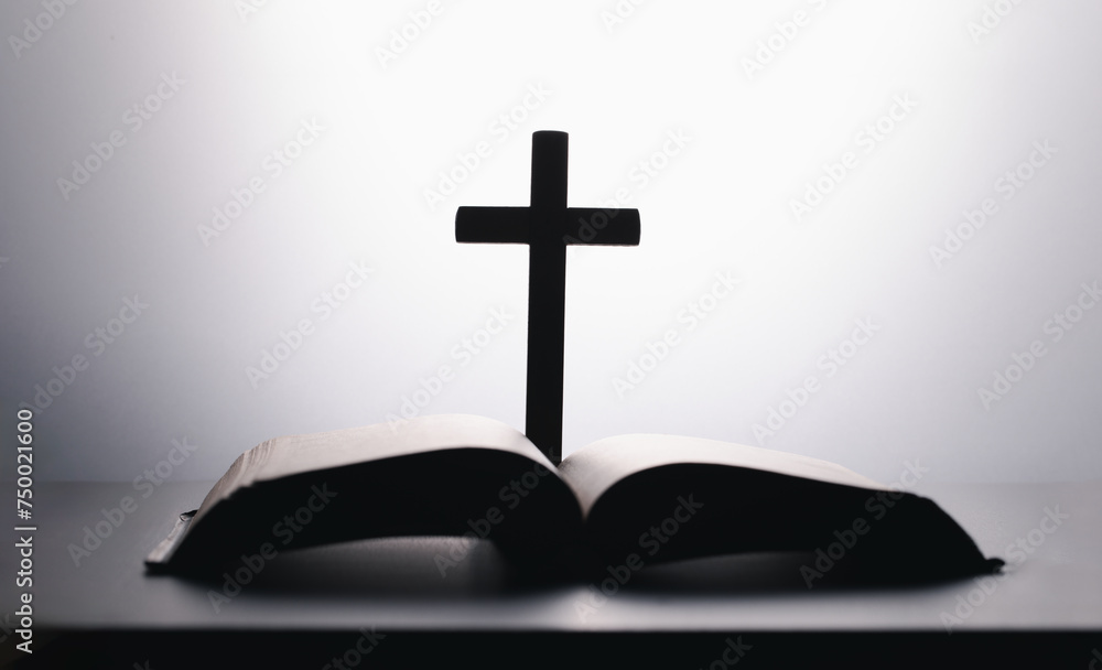 Bible with wooden cross on White Background. Holy book. Black and white photography. wooden cross over opened bible on wooden table