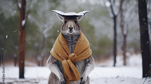 Kangaroo wearing hat in the snow © Marukhsoomro