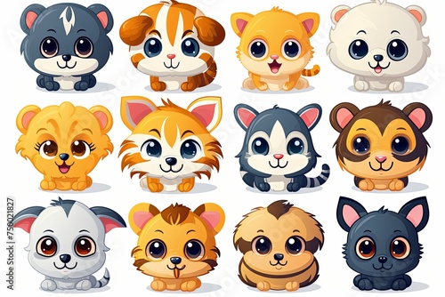 Printable cute pets animal doodle sticker clipart cartoon Illustration set