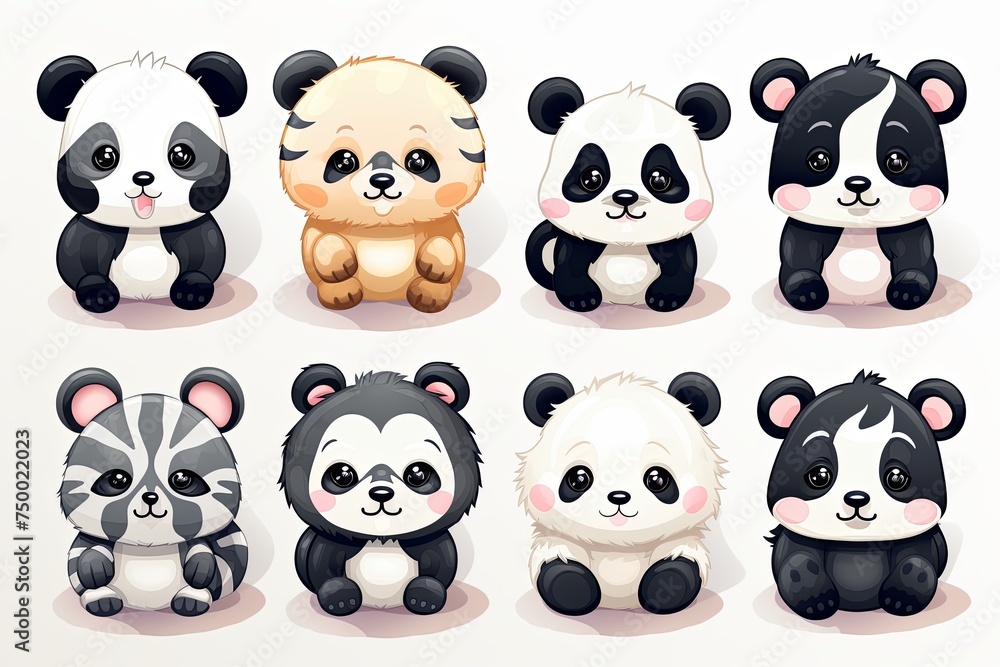 Printable cute panda animal doodle sticker clipart cartoon Illustration set