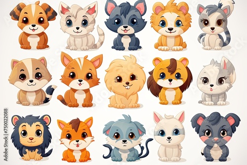 Printable cute pets animal doodle sticker clipart cartoon Illustration set