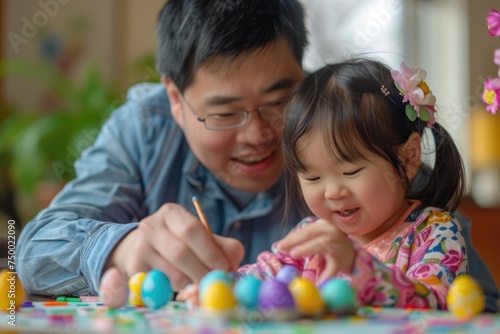 A tender moment as a grandfather guides his young granddaughter in painting colorful Easter eggs, symbolizing family bonding and the joy of springtime traditions