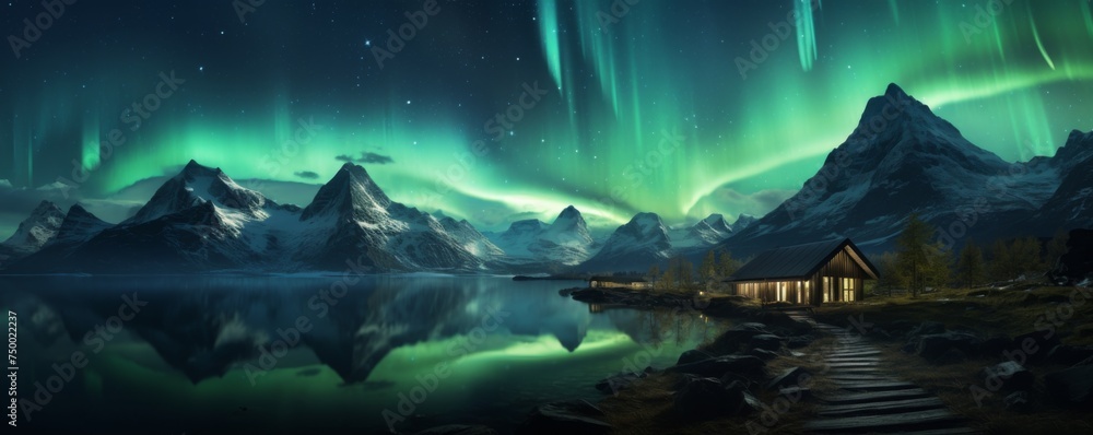 Luxury and modern tourist shelter, cottage in the mountains with  aurora lights, banner. Generative Ai. - obrazy, fototapety, plakaty 