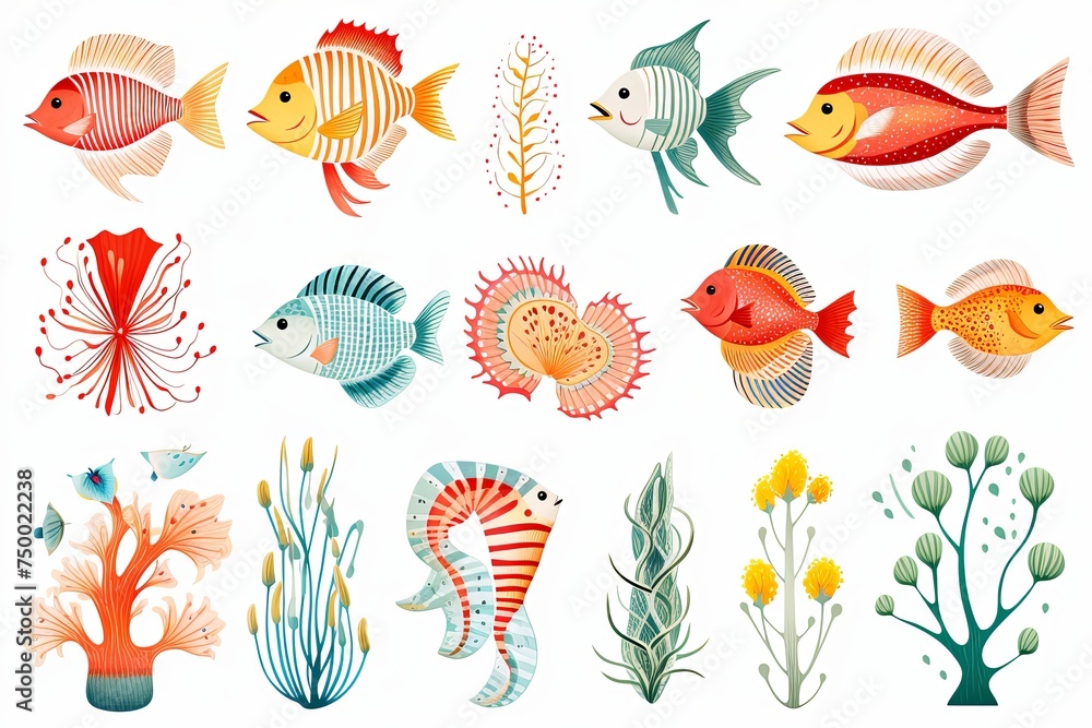 Printable sea animals and fish sticker clipart Illustration set on white background