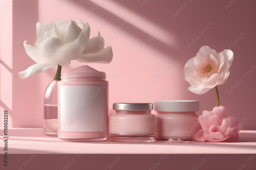 White podiums for the presentation of creams in round jars and tubes under the shadow of flowers in a vase on a light pink background. Playground AI platform White podiums for the presentation of creams in round jars and tubes under the shadow of flowers in a vase on a light pink background. Playground AI platform