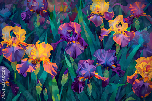 A Flourishing Display of Vibrant Irises Adorning a Sunlit Garden: A Blissful Portrayal of Springtime © James