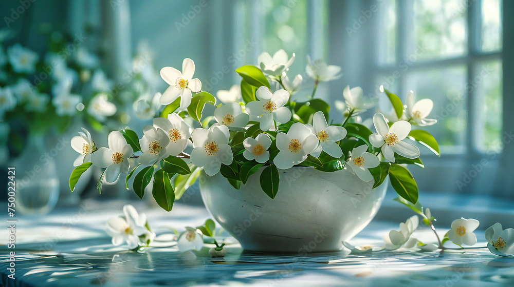 Spring Jasmine Flowers, Delicate White Blossoms Against Green, Freshness and Natural Beauty Spring Jasmine Flowers, Delicate White Blossoms Against Green, Freshness and Natural Beauty