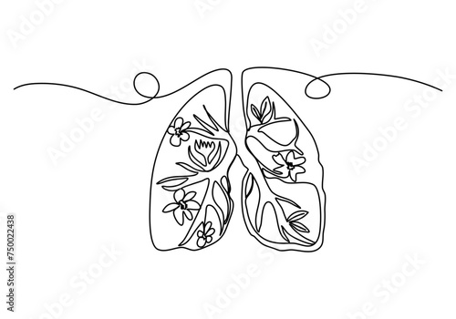 Lungs with flowers inside one line drawing vector illustration.