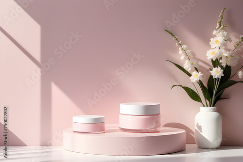 White podiums for the presentation of creams in round jars and tubes under the shadow of flowers in a vase on a light pink background. Playground AI platform