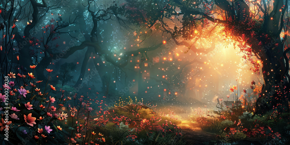 Naklejka premium Enchanted Forest with Fireflies and Blooming Flowers A Serene and Magical Night Scene