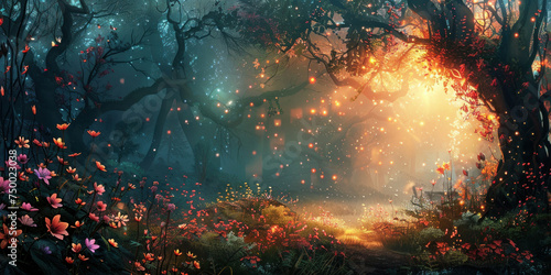 Enchanted Forest with Fireflies and Blooming Flowers A Serene and Magical Night Scene