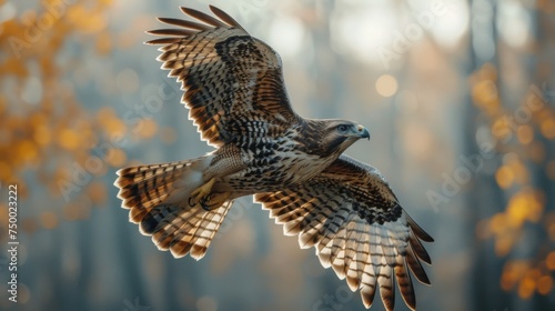 Hawk flying over mountain range during golden hour. Majestic bird. Hunter. Wildlife. Eagle. Falcon.