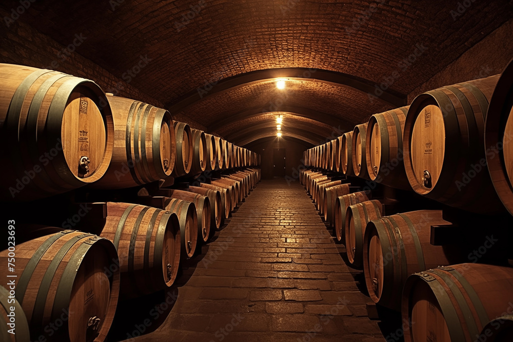 Wine barrels in a wine cellar. Oak Wine Barrels in winemaking and Winery Barrel room. Wooden oak barrels with whiskey in storage, Vintage Wine in an old barrel. Wood Wines Barrels In Winery Cellar.