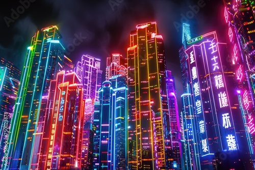 Neon-lit futuristic cityscape illustration - An artistic depiction of a futuristic city pulsating with neon lights and towering skyscrapers that evoke a sense of advancement and innovation