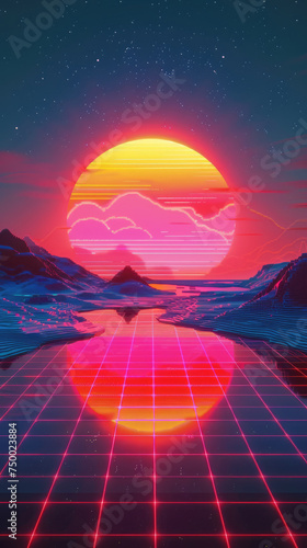 Neon grid and mountain landscape sunset - Dramatic neon grid foreground with warm sunset over mountain landscape, resonant of retro gaming and future