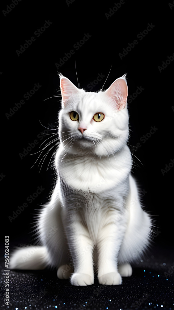 White cat on a black background.