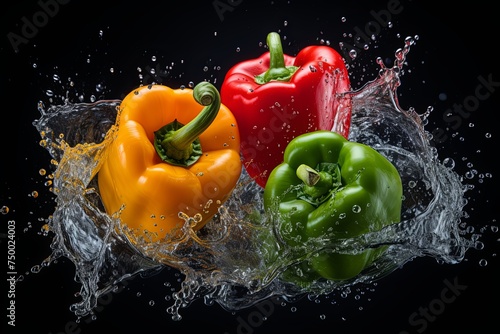 Fresh bell peppers healthy organic vegetable with falling water drop splash on black background