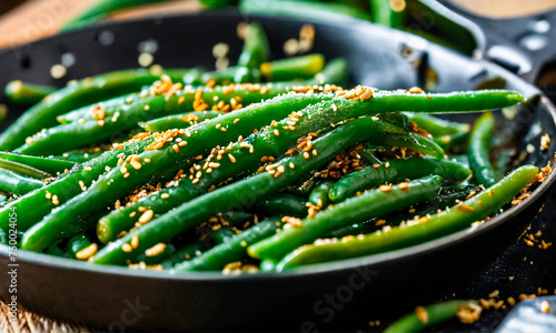 green beans with sesame seeds in a frying pan. Selective focus. © Яна Ерік Татевосян