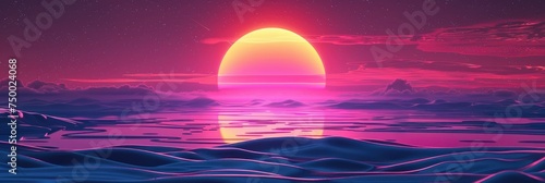 Vibrant retro futuristic sunset over ocean - A striking visual with a bold pink and purple sunset over a serene ocean, invoking nostalgia and future dreams